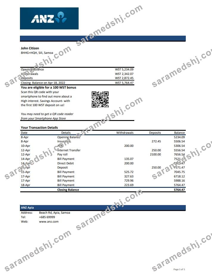 Samoa ANZ bank statement xls